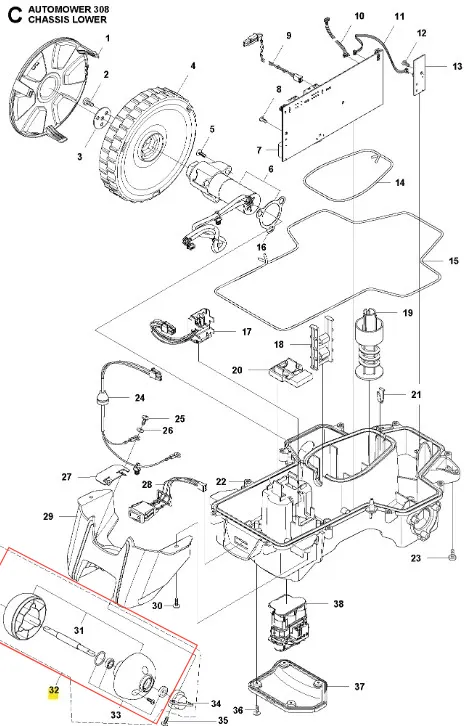 Koła metalowe z bieżnikiem do robota koszącego Automower 308 Husqvarna, oznaczone numerem 32, na białym tle. Szczegóły i mocowanie widoczne w zbliżeniu.