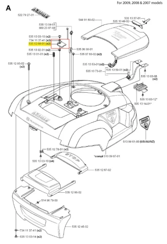 Zacisk robota koszącego Automower 220 AC Husqvarna, szary element z tworzywa, z otworami montażowymi, gniazdem, logo i numerem ID, na białym tle, widok z góry.