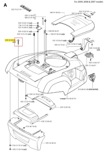 Śruba robota koszącego Automower 220 AC Husqvarna, metalowa, cylindryczna, w kolorze srebrnym, z gwintem. Ujęcie z góry, pokazujące kąt zakupu śruby. W tle schemat części robota koszącego, z czytelnymi oznaczeniami. Wymiary nieokreślone.