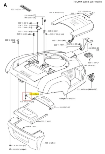 Wałek robota koszącego Automower 220 AC Husqvarna w kolorze szarym, widoczny z góry. Obudowa z tworzywa sztucznego, z widocznym miejscem na akumulator oraz logo Husqvarna na wierzchu. Na zdjęciu detale mocowań oraz otwory do przewodów. Tło białe.