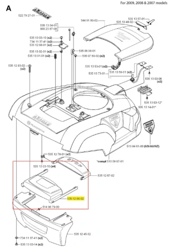Szara osłona Husqvarna Automower 220 AC z tworzywa, widok z góry, zbliżenie na mocowania, leżąca na białym tle, z widocznymi otworami montażowymi.