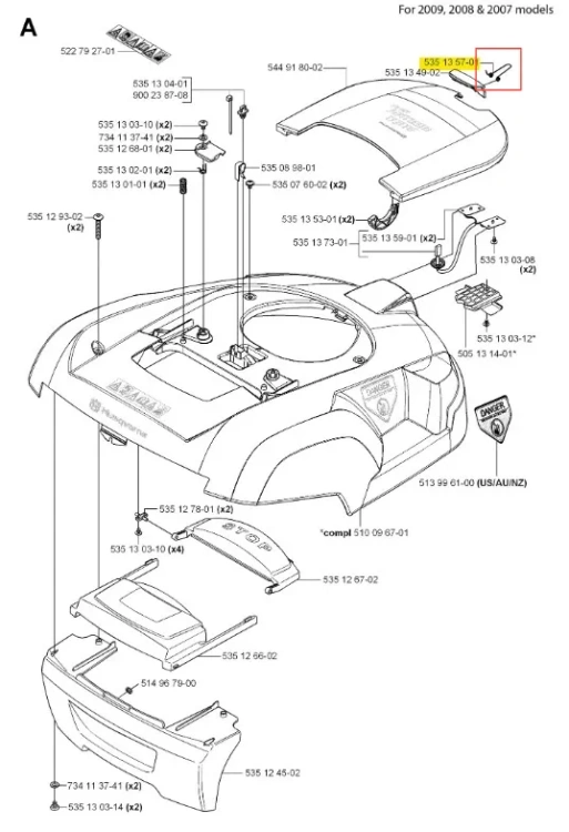 Sprężyna do robota koszącego Automower 220 AC Husqvarna w kolorze czarnym, metalowa, o prostym, cylindrycznym kształcie. Widok z góry, liście w kształcie litery U. Element w komplecie z mocowaniami, widoczny na tle schematu.