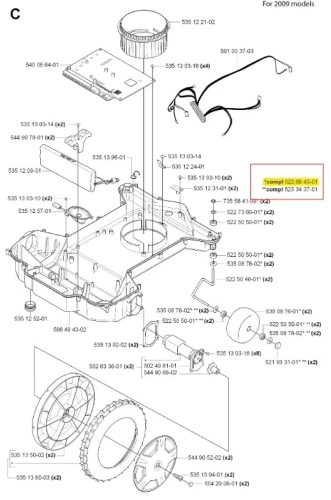 Zestaw uzupełniający koła robota koszącego Automower 220 AC Husqvarna, zawierający korpus, koła i akcesoria. Widoczne numery części. Neutralne tło, bez detali.