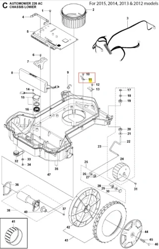Sprężyna blokująca robota koszącego Automower 220 AC Husqvarna, metalowa, w kolorze srebrnym. Widok z góry, umieszczona w obudowie, podkreślająca elementy mocujące. Produkt zbliżony do detalu w układzie technicznym, bez dodatkowego tła.