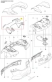 Szkic ukazujący części osłony robota koszącego Husqvarna AUTOMOWER 435X AWD. Elementy obejmują kable, mocowania oraz różne detale konstrukcyjne. Widok frontalny, techniczny, z numerowanymi częściami dla łatwej identyfikacji.