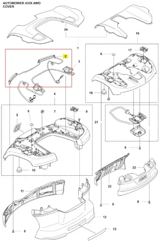 Szkic ukazujący części osłony robota koszącego Husqvarna AUTOMOWER 435X AWD. Elementy obejmują kable, mocowania oraz różne detale konstrukcyjne. Widok frontalny, techniczny, z numerowanymi częściami dla łatwej identyfikacji.