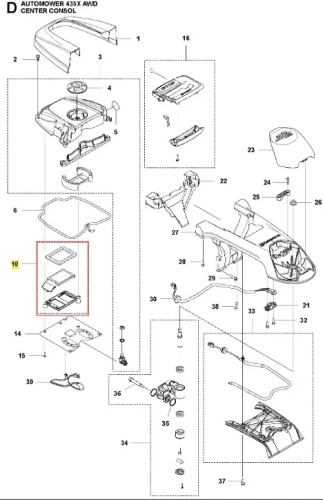 Wyświetlacz robota koszącego Husqvarna AUTOMOWER 435X AWD, detal w kolorze czarnym, widoczny w frontalnym ujęciu. Panel zawiera przyciski oraz wyświetlacz, umieszczony w środkowej konsoli. Otoczenie w formie schematu technicznego, bez dekoracji.