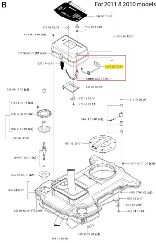 Zestaw przełącznika robota koszącego Automower 220 AC Husqvarna. Komponenty przedstawione w schemacie, w tym przewody i elementy montażowe. Widoczny detal dotyczący połączeń. Grafika techniczna na białym tle, rysunek z numeracją części.