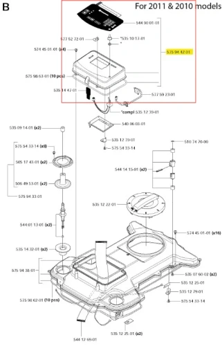 Pokrywa panelu robota koszącego Automower 220 AC Husqvarna z czarnymi i szarymi częściami, detalami montażowymi i numeracją. Schemat dla modeli 2010 i 2011 roku.