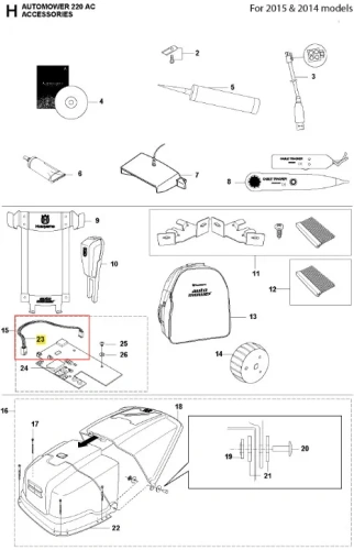 Wiązka elektryczna do robota koszącego Automower 220 AC Husqvarna, ciemnoszara z logo, ergonomiczna, widok z przodu na złącza i mocowania, elementy rozłożone na białym tle.