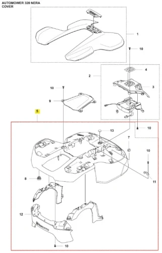 Czarna obudowa robota koszącego Automower 320 NERA z tworzywa, aerodynamiczna, z widocznymi mocowaniami, otworami wentylacyjnymi, osłoną górną i logo Husqvarna na dole.