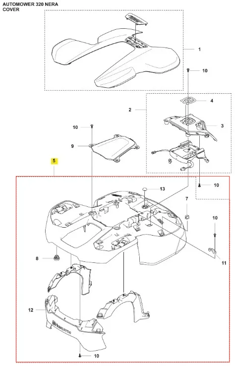 Czarna obudowa robota koszącego Automower 320 NERA z tworzywa, aerodynamiczna, z widocznymi mocowaniami, otworami wentylacyjnymi, osłoną górną i logo Husqvarna na dole.