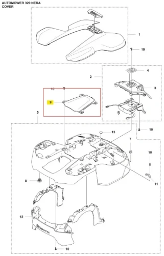 Panel robota koszącego Automower 320 NERA, czarny, wykonany z plastiku, z widocznymi mocowaniami. Ujęcie z góry, z detalem zaznaczonym na czerwono. Produkt w stanie nowym, bez widocznych jakichkolwiek zniszczeń.