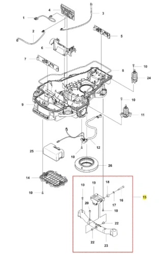 Oś przednia kpl robota koszącego Automower 320 NERA, widoczna w detalu, złożona z metalowych elementów, zamocowana w dolnej części zespołu robota. Kąt ujęcia z boku, skupiający się na prowadzeniu i instalacji, na jednolitym tle.