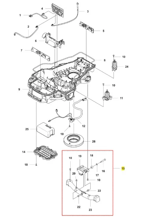 Oś przednia kpl robota koszącego Automower 320 NERA, widoczna w detalu, złożona z metalowych elementów, zamocowana w dolnej części zespołu robota. Kąt ujęcia z boku, skupiający się na prowadzeniu i instalacji, na jednolitym tle.