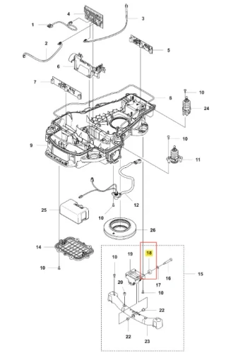 Tuleja obrotowa do robota koszącego Automower 320 NERA, wykonana z metalowego materiału, o okrągłym kształcie. Widok z góry, ukazuje szczegóły mocowania oraz techniczne elementy. W zestawie widoczne także elementy łączące i system kablowy.