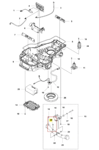 Schemat zderzaka robota koszącego Automower 320 NERA z widocznymi silnikiem, przewodami, mocowaniami oraz komponentami jak wirnik i pokrywa w srebrnych i czarnych kolorach.