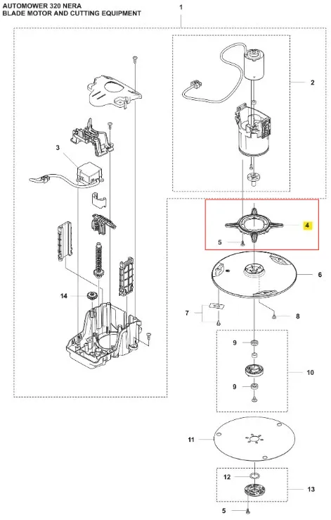 Schemat ilustrujący elementy funkcjonalne robota koszącego Automower 320 NERA. Widoczne są części do silnika noża, w tym wirnik, mocowania oraz elementy montażowe. Tło białe, co podkreśla szczegóły konstrukcji.