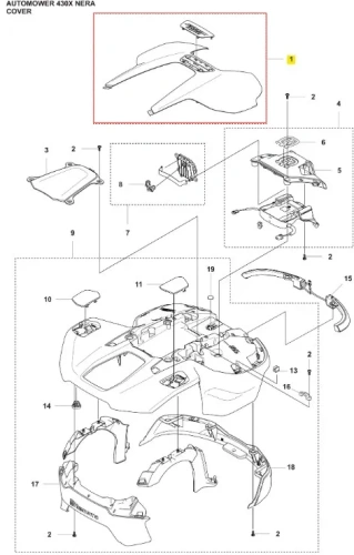 Czarna osłona zestawu robota koszącego Automower 430X NERA z tworzywa, gładka powierzchnia, widok z boku pokazujący mocowania oraz logo Husqvarna na górze.