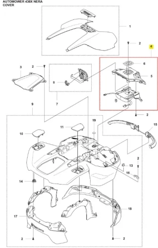 Osłona robota koszącego Automower 430X NERA, w kolorze czarnym, wykonana z tworzywa sztucznego. Wyposażona w elementy mocujące, pokazana z góry w rozłożonej pozycji. W tle neutralne. Zawiera detale montażowe oraz logo Husqvarna.