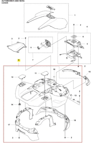 Obudowa robota koszącego Automower 430X NERA, czarna, dopasowana do urządzenia, z widocznym montażem, uchwytami i logo Husqvarna. Widok z góry na białym tle, pokazujący połączenia i mocowania.