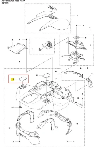 Pokrywa robota koszącego Automower 430X NERA z technologii bezprzewodowej. Widoczna w rysunku, o ergonomicznym kształcie, w kolorze czarnym, z logo Husqvarna na spodzie. Ujęcie z góry, pokazujące szczegółową budowę i elementy mocujące.