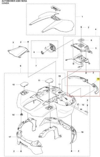 Zestaw części do robota koszącego Husqvarna Automower 430X NERA, z górnym panelem montażowym, plastikowymi elementami obudowy oraz numerowanymi, opisanymi częściami. Wybrane detale zaznaczono na czerwono.