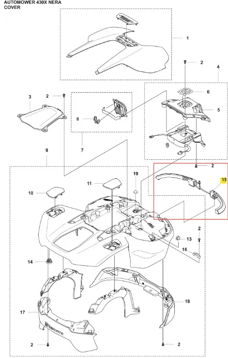 Zestaw części do robota koszącego Husqvarna Automower 430X NERA, z górnym panelem montażowym, plastikowymi elementami obudowy oraz numerowanymi, opisanymi częściami. Wybrane detale zaznaczono na czerwono.