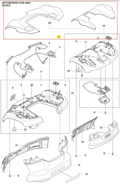 Obudowa robota koszącego AUTOMOWER 435X AWD Husqvarna, w kolorze szarym, z widocznymi elementami montażowymi oraz okablowaniem. Ukazana z góry, prezentuje kształt dostosowany do robota, z detalami na powierzchni i logo marki.