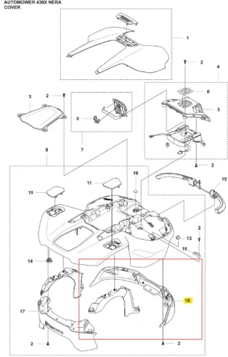 Czarny zderzak przedni do robota koszącego Automower 430X NERA, z tworzywa sztucznego, z widocznymi mocowaniami i numerem katalogowym 18, widok z boku, z ewentualnym logo Husqvarna.