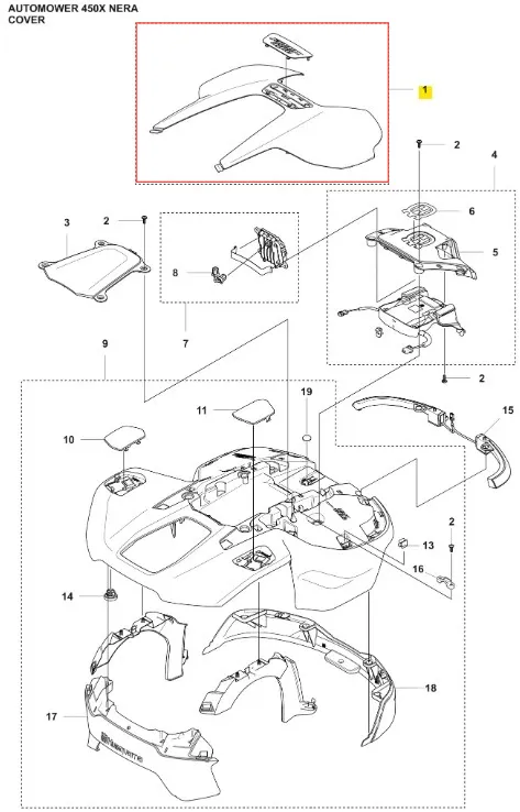 Pokrywa robota koszącego Automower 450X NERA, czarna, z wyprofilowaną formą, zawiera otwory montażowe oraz logo Husqvarna. Ujęcie w zbliżeniu, ukazujące detale konstrukcji. Produkt leży na białym tle, w stanie nowym, bez akcesoriów.