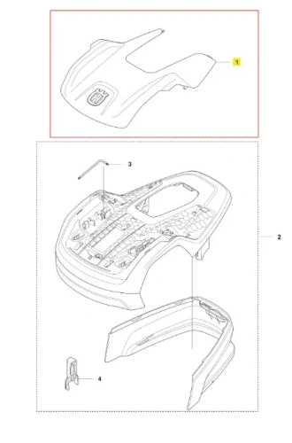 Pokrywa robota koszącego Automower Aspire R4 Husqvarna w kolorze czarnym, plastikowa, gładka, z logo Husqvarna. Produkt przedstawiony z góry, leżący na płaskiej powierzchni. Widoczna struktura wewnętrzna oraz miejsca mocowania.