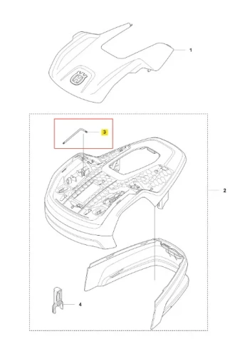 Klucz robota koszącego Husqvarna Automower Aspire R4, czarny, z narożnym elementem przyłączeniowym. Widok z góry, pokazujący wnętrze obudowy i element montażowy, do montażu i wzmocnienia struktury.