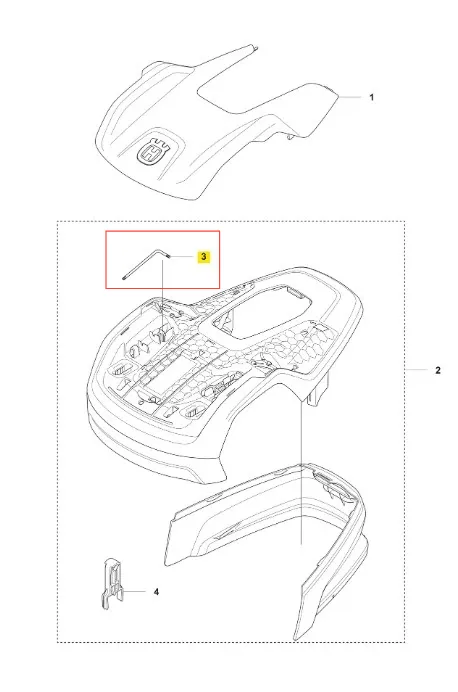 Klucz robota koszącego Husqvarna Automower Aspire R4, czarny, z narożnym elementem przyłączeniowym. Widok z góry, pokazujący wnętrze obudowy i element montażowy, do montażu i wzmocnienia struktury.