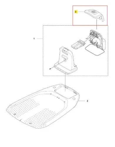 Szara nakładka do robota koszącego Automower Aspire R4 Husqvarna z widocznymi otworami, elementami montażowymi i wycięciami na akcesoria, leżąca na płaskiej powierzchni, pokazująca detale konstrukcyjne.