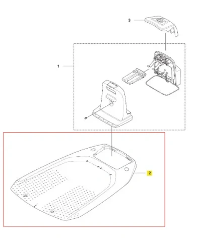 Podstawa robota koszącego Automower Aspire R4 Husqvarna w kolorze szarym, z otworem do mocowania, perforowanym dnem oraz konturami umożliwiającymi stabilizację. Ujęcie z góry, przedstawiające dolną część podstawy z detalami konstrukcyjnymi.