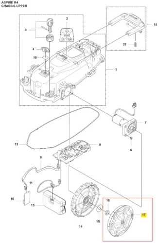 Schemat górnej części nakładki robota koszącego Husqvarna Automower Aspire R4 z widocznym panelem sterowania, kołem, guzikami i logo na tle neutralnym.