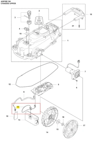 Przewód robota koszącego Automower Aspire R4 Husqvarna, wykazuje elastyczny kształt. Zbliżenie na detal pokazuje złącza w różnych kolorach, w tym jasny niebieski. Produkt widoczny na białym tle, ułożony w poziomie, z wyraźnymi oznaczeniami.