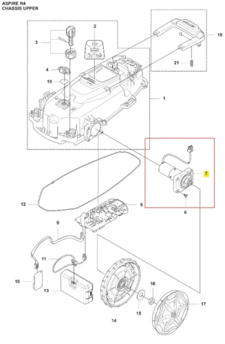 Silnik robota koszącego Husqvarna Automower Aspire R4, widok boczny, ciemnoszary z połyskiem, widoczne elementy elektroniczne, mechaniczne, kabel i złącza, detale funkcjonalne.