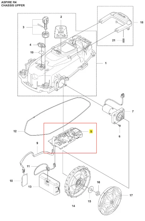 Płyta główna robota koszącego Automower Aspire R4 Husqvarna z elementami montażowymi, oknem na baterię i szarymi przewodami na białym tle podkreślającym produkt.