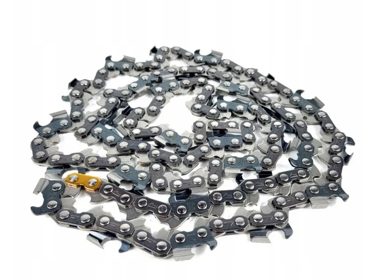 Łańcuch tnący SP 33G X-CUT 325/1,3/ 66DL HUSQVARNA, widoczny z góry w okręgu, wykonany ze stalowej, błyszczącej powierzchni z jednym złotym ogniwem i wyraźnymi mocowaniami.