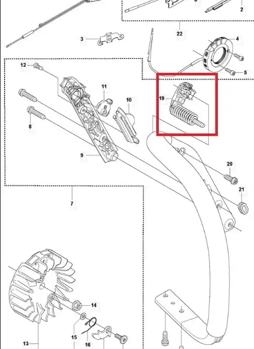 Amortyzator pilarki Husqvarna 550XP/550XPG/545 z srebrną sprężyną i czarną obudową, zamontowany na elementach konstrukcyjnych, na białym tle podkreślającym kształt i oznaczenia.
