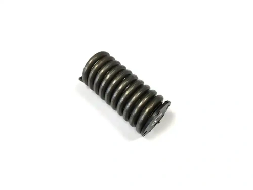 Dolny amortyzator pilarki Husqvarna 371/372XP/365XP, metalowy, ciemnoszary, cylindryczny, z spiralnym wzorem i dwoma mocowaniami, widoczny z boku i tyłu z detalami konstrukcyjnymi.
