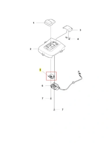 Podpórka robota koszącego Automower 520 EPOS Husqvarna z widocznymi elementami. Ujęcie z góry, produkt w pozycji pionowej. W zestawie: mocowanie, kabel, elementy montażowe. Wymiary i szczegóły konstrukcyjne nieczytelne na zdjęciu. Tło białe.
