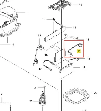 Zespół okablowania HMI robota koszącego Automower 535 AWD Husqvarna, przedstawiony w ujęciu od góry. Widoczne dwa przewody, zakończone złączkami. Kolor przewodów to czarny z elementami metalowymi. Na schemacie opis lokalizacji części.