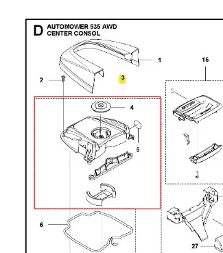 Pokrywa robota koszącego Automower 535 AWD Husqvarna, wykonana z tworzywa sztucznego, w kolorze szarym, z centralnym, okrągłym otworem. Widoczne mocowania i detale konstrukcyjne, ujęcie z boku, na prostym tle. Element do osłony i montażu.