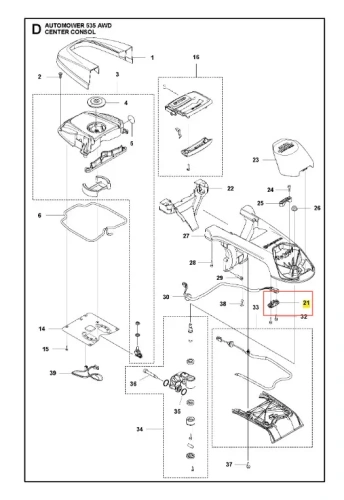 Szkic zacisku robota koszącego Automower 535 AWD Husqvarna z plastikową, szarą konsolą centralną na kontrolki i przyciski. Widać złącza i mocowania elementów w różnej orientacji na neutralnym tle.
