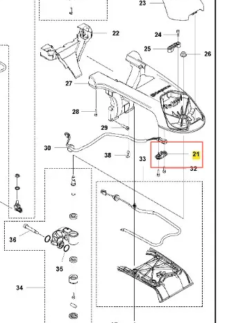 Zacisk robota koszącego Automower 535 AWD Husqvarna, w kolorze czarnym, przedstawiony w perspektywie technicznej. Widoczny jest element montażowy z oznaczeniem oraz detale takie jak otwory na śruby. Tło jest proste i jasne, co podkreśla produkt.