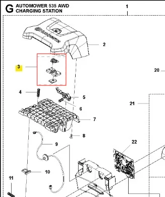 Przycisk do robota koszącego Automower 535 AWD Husqvarna, przedstawiony w zbliżeniu, z ciekłym kształtem i monochromatycznym wykończeniem. Widoczne szczegóły montażowe i numer identyfikacyjny obok. Elementy są umieszczone na białym tle.