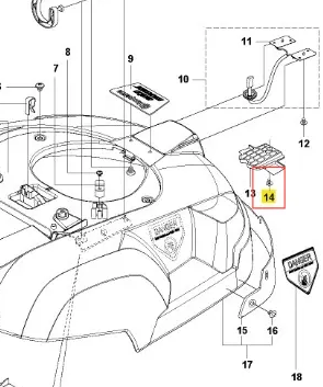 Wspornik robota koszącego Automower Solar Hybrid Husqvarna w perspektywie z góry. Wyraźne detale konstrukcji, w tym otwory montażowe. Widzoczna etykieta z napisem DANGER. Element w kolorze szarym z szerszym, prostokątnym kształtem.